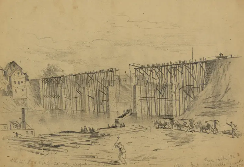 Återuppbyggnaden av järnvägsbron över Rappahannock-floden av Edwin Forbes