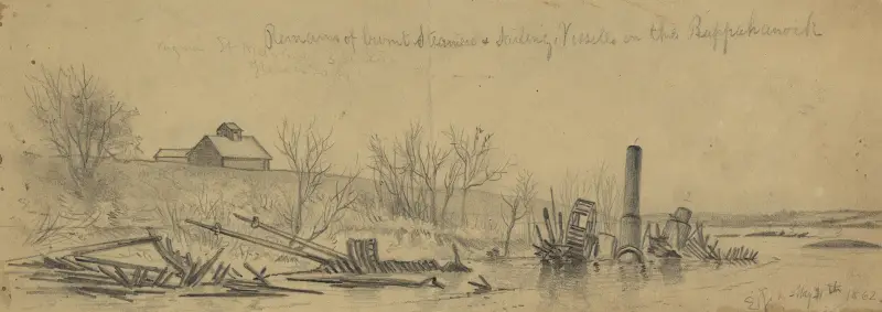 Lämningar av brända ångfartyg och segelfartyg vid Rappahannock av Edwin Forbes