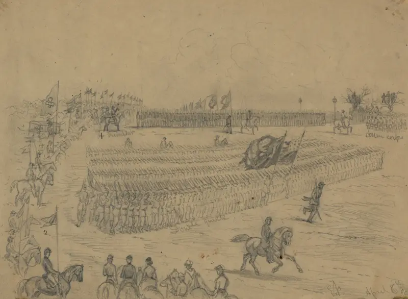 Granskning av Army of the Potomac, kommenderad av general Joe E. Hooker, av president Abraham Lincoln av Edwin Forbes