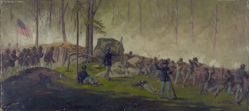 Szene hinter der Brustwehr auf dem Culps Hill, Morgen des 3. Juli 1862 von Edwin Forbes