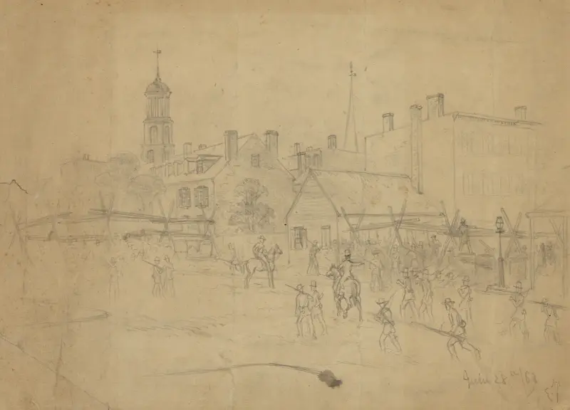 Scen i Baltimore, Md. Medborgare reser barrikader vid nyheten om general Lees marsch in i Pennsylvania av Edwin Forbes