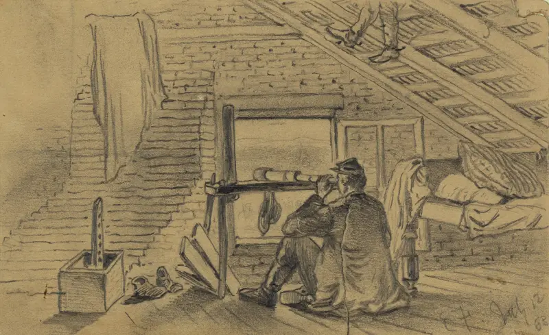 Signalofficiere auf dem Dachboden eines Bauernhauses, die Armee von General Lee bei Williamsport, Maryland, beobachten von Edwin Forbes