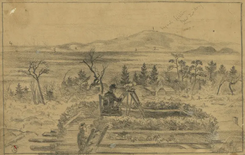 Signaloffiziere bei der Beobachtung der Armeelager von General Lee am Südufer des Rapidan River von der Signalstation auf dem Poney Mountain von Edwin Forbes