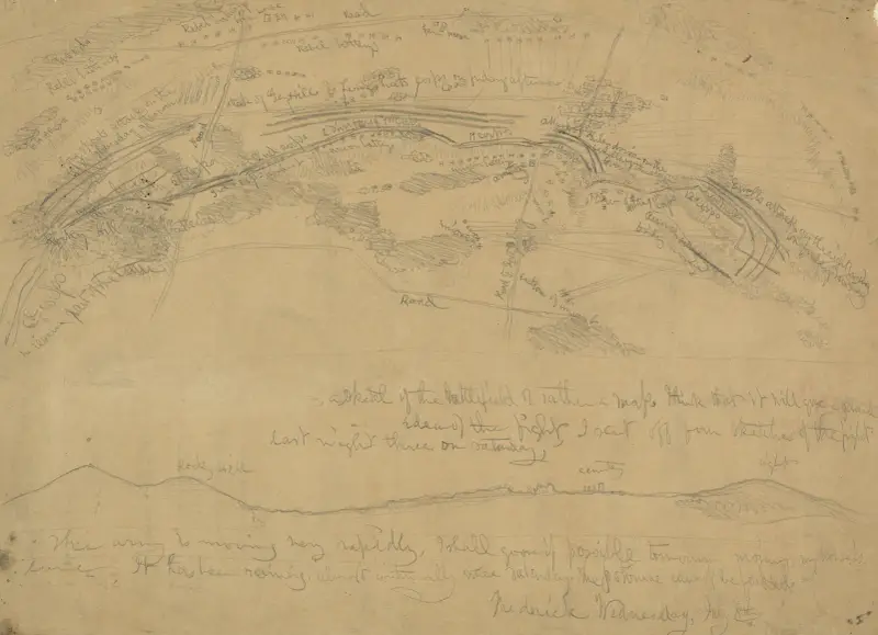Skisskarta över slaget vid Gettysburg, gjord under marschen mot Frederick, Md. av Edwin Forbes