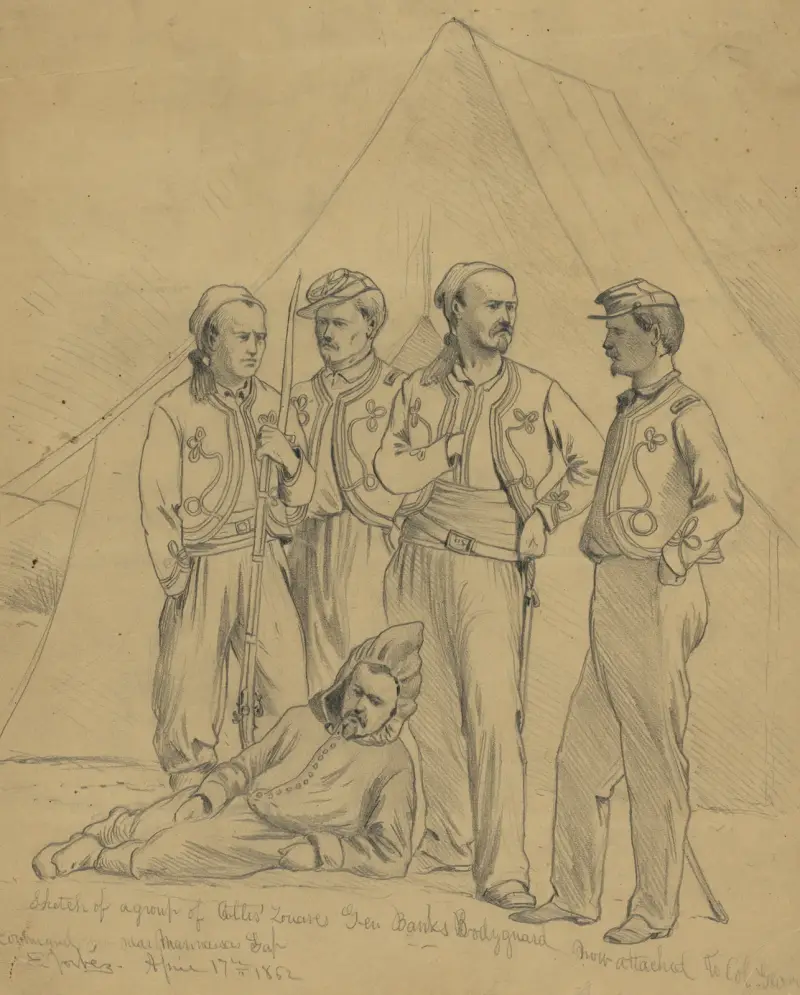 Sketch of a group of Collis’ Zouaves–Gen. Banks bodyguard, now attached to Col. Geary command, near Manassas Gap av Edwin Forbes