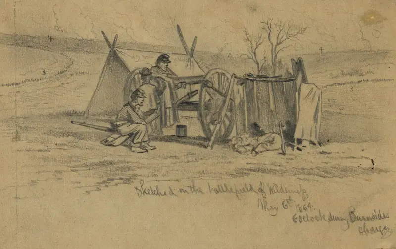 Sketched on battlefield of Wilderness May 6th, 1864, 6 o’clock during Burnsides’ charge av Edwin Forbes