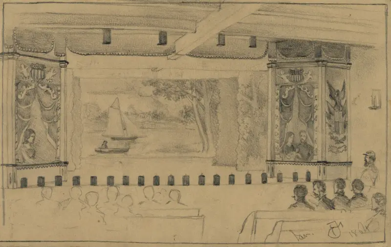Soldatsteater (Fjortonde Brooklyn) i ett gammalt magasin i Culpeper Court House, Va. av Edwin Forbes