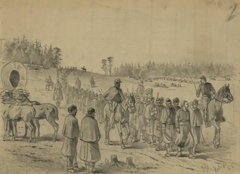 Eftersläntrare på marsch till högkvarteret. Under bevakning av Edwin Forbes