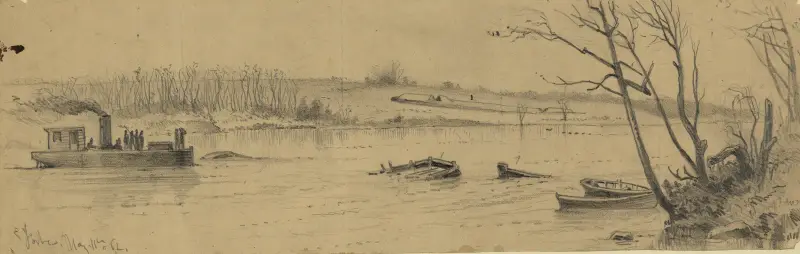Sänkta fartyg i Rappahannock River, nedanför Fredericksburg, med jordvärn som behärskar farleden av Edwin Forbes
