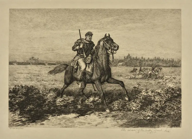 Kavalleriets framryckning i skärmytslingslinje av Edwin Forbes
