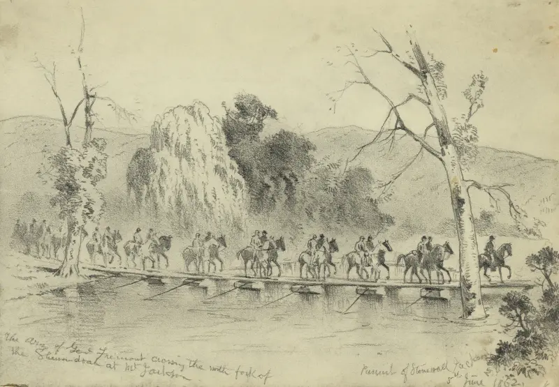 Die Armee von General Fremont überquert den Nordarm des Shenandoah bei Mt. Jackson – Die Verfolgung von Stonewall Jackson von Edwin Forbes