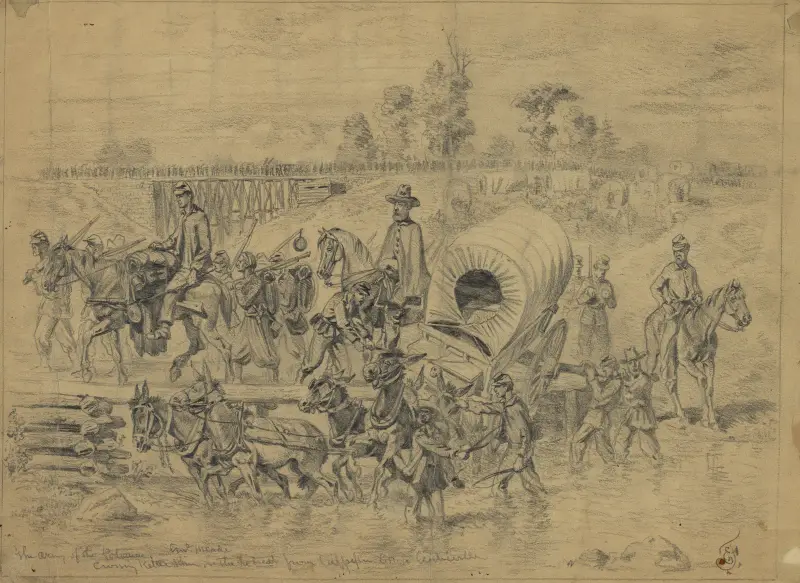 Potomacarmén korsar Kettle Run av Edwin Forbes