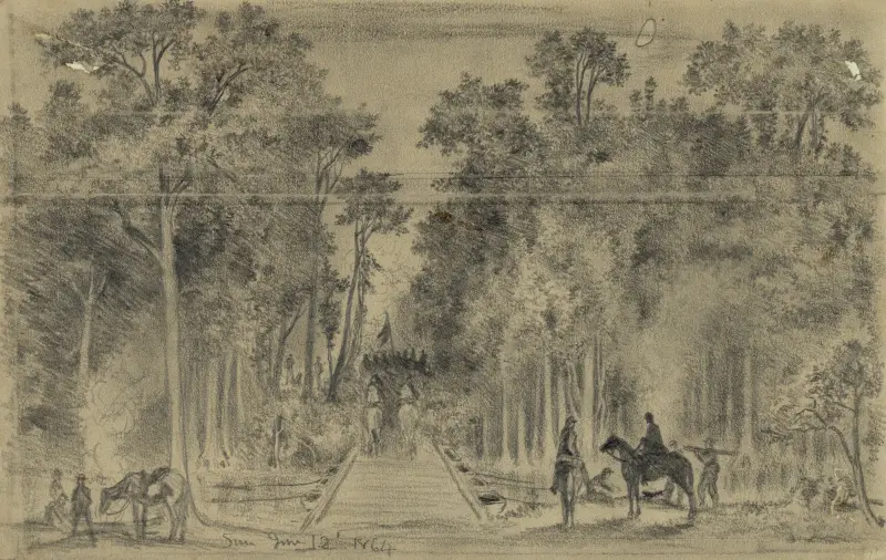 Potomacarmén korsar Chicahominy vid Long Bridge av Edwin Forbes