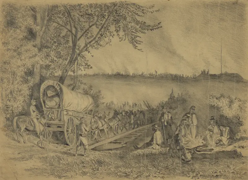 Potomacarmén korsar Rappahannock River på en pontonbro om natten, nära Rappahannock Station av Edwin Forbes
