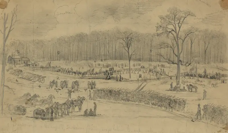 Bitwa pod Chancellorsville. Scena na skrzyżowaniu drogi do brodu U.S. Ford i drogi do rzeki Rapidan, Edwin Forbes