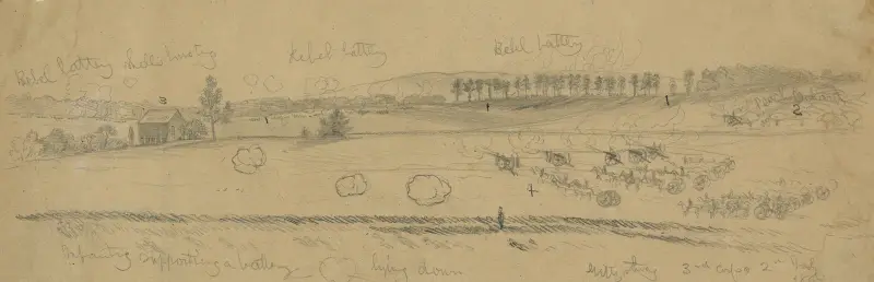 Slaget vid Gettysburg. Attack mot tredje kåren, general Daniel E. Sickles, av general Longstreets kår av Edwin Forbes