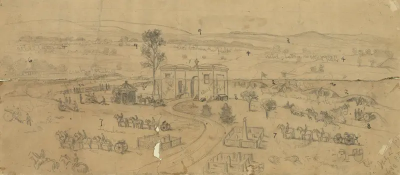 Slaget vid Gettysburg. Kyrkogårdens port, centrum för Unionens ställning, Första och Elfte kåren av Edwin Forbes
