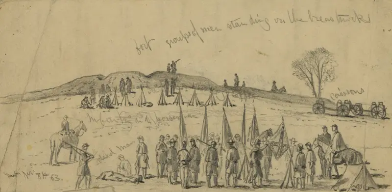 Die Schlacht von Rappahannock Station. Sonntagsszene vor den Befestigungen von Edwin Forbes