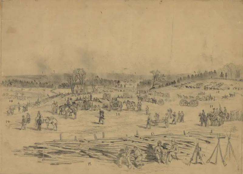 Die Schlacht von Spotsylvania – Blick über das Feld vom Zentrum der Stellung von Edwin Forbes