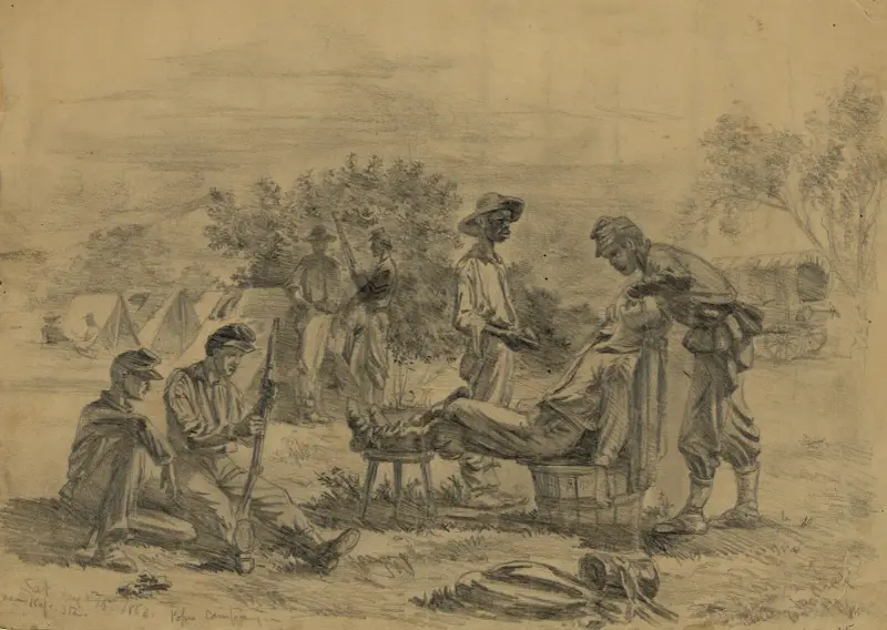 Lägrens barberare – rakning – lördag – Rappahannock Station, Va. av Edwin Forbes