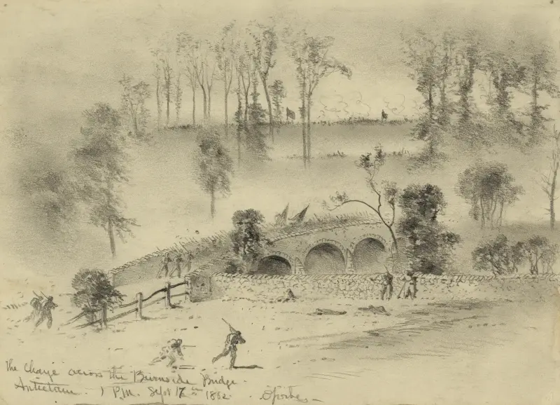 Anfallet över Burnside Bridge–Antietam av Edwin Forbes