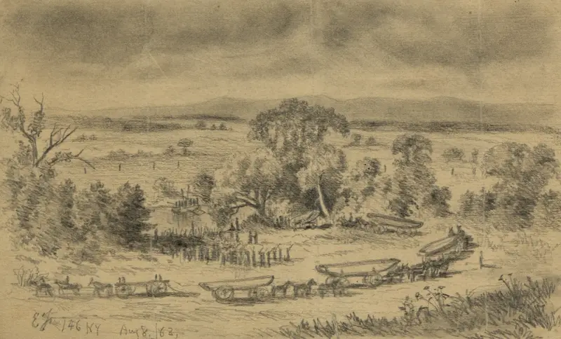 The First and Sixth N.Y.V. throwing pontoon bridge across the Rappahannock River near Beverly Ford av Edwin Forbes