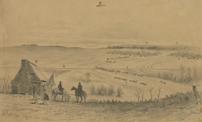 Manassas-slätterna, mot Bull Run-bergen, från general T.F. Meaghers högkvarter av Edwin Forbes