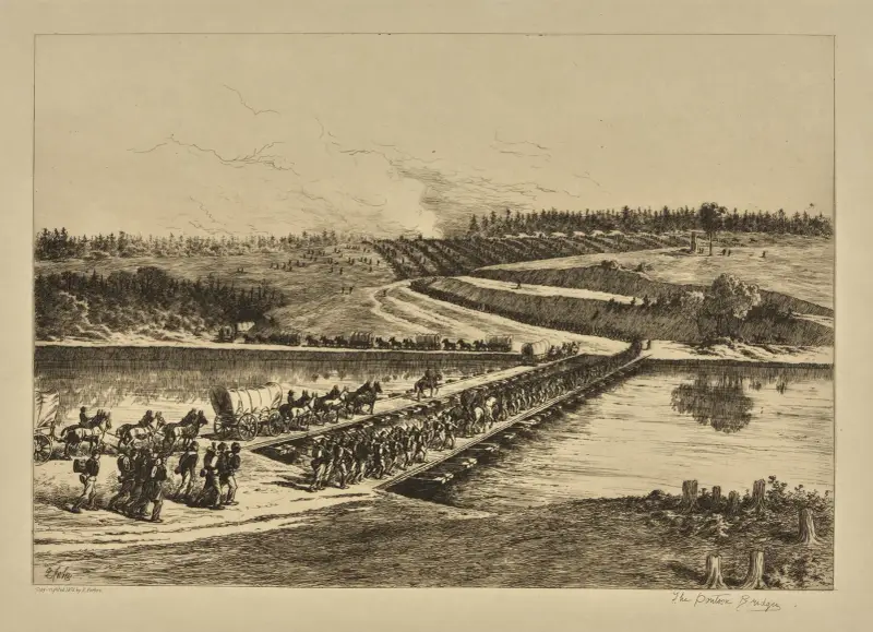 Die Pontonbrücken, 1876 von Edwin Forbes
