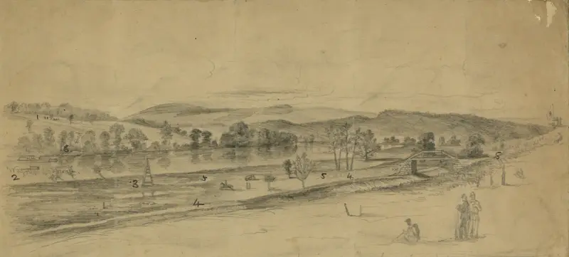 The Potomac River, near Williamsport, on the morning of the crossing of Gen. Lee’s army av Edwin Forbes