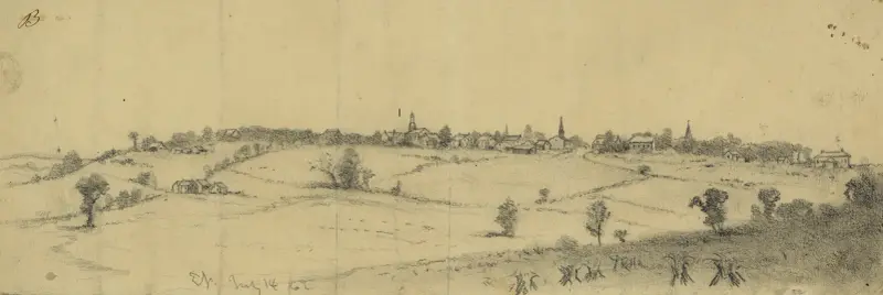 Staden Warrenton, Va., från öster av Edwin Forbes
