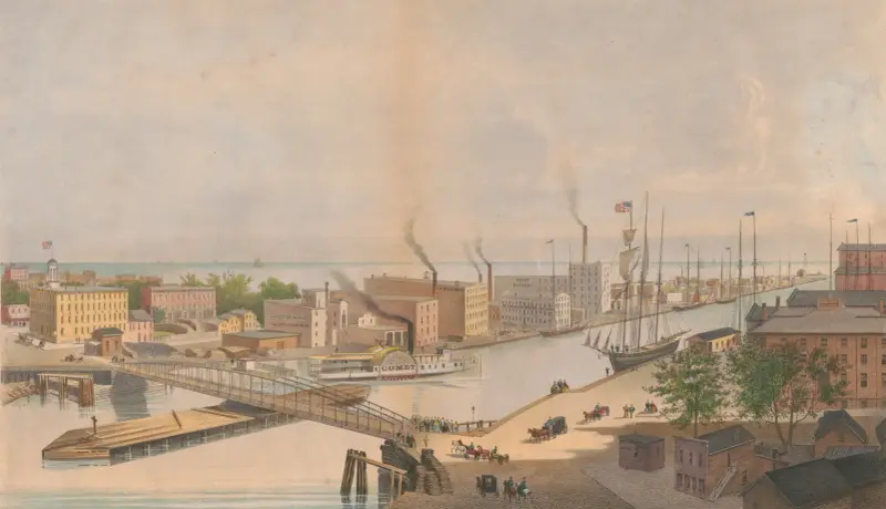 Utsikt över Rush St. bridge & c. från Nortons Block River St. E. Whitefields vyer av Chicago av Edwin Forbes