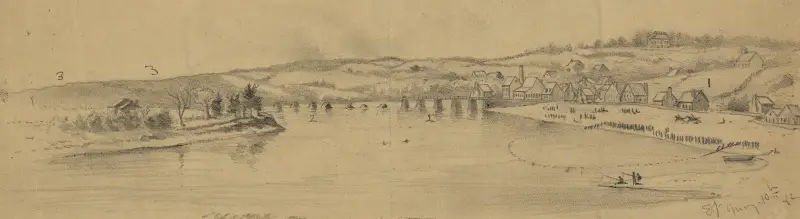 Ansicht der Stadt Falmouth, Va., flussaufwärts von Edwin Forbes