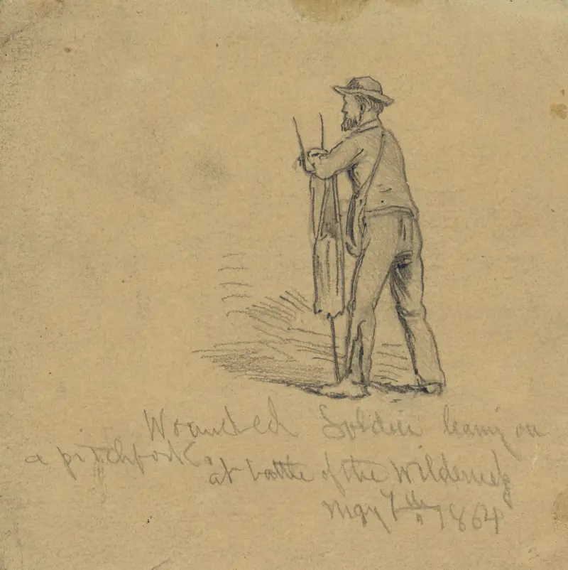 Sårad soldat lutad mot en hötjuga vid Slaget om Wilderness, 7 maj 1864 av Edwin Forbes