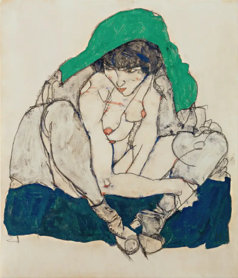 Crouching Woman with Green Headscarf av Egon Schiele