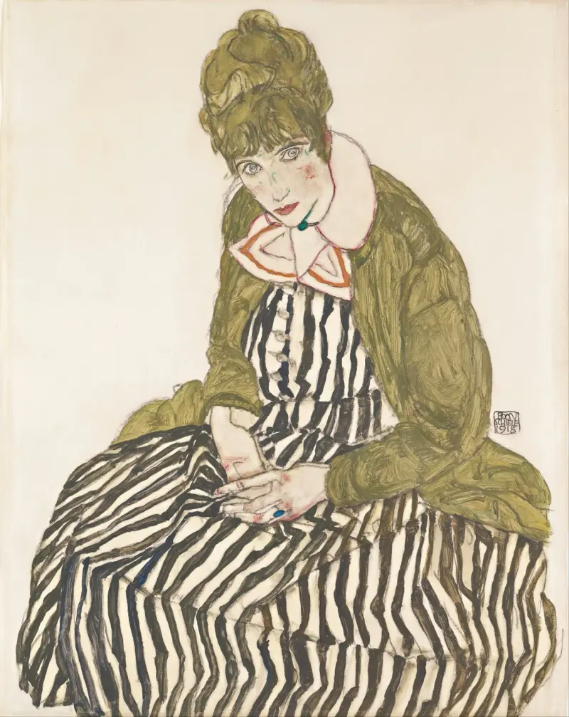 Edith with Striped Dress, Sitting av Egon Schiele