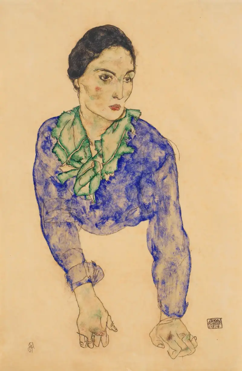 Kvinna med blå och grön halsduk av Egon Schiele