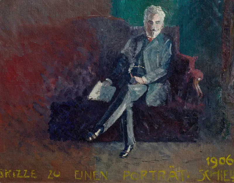 Leopold Czihaczek, auf rotem Sofa sitzend av Egon Schiele