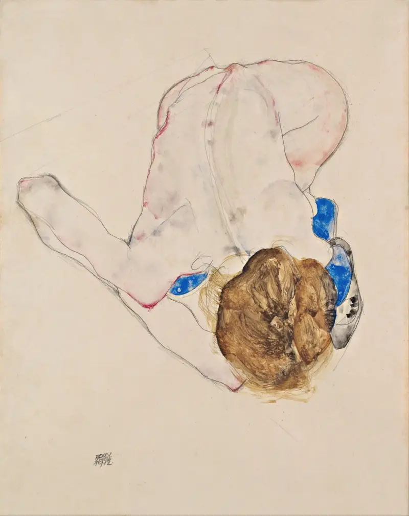 Nude with Blue Stockings, Bending Forward av Egon Schiele