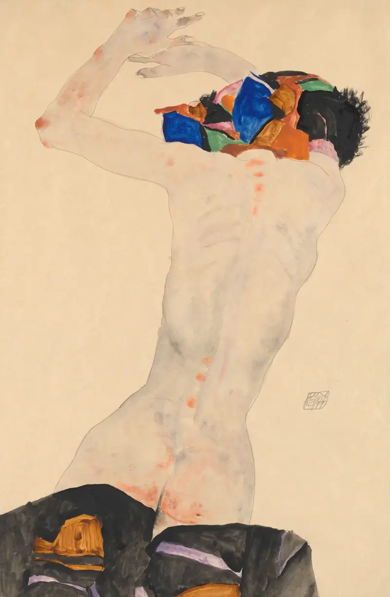 Rückenakt mit buntem Tuch av Egon Schiele