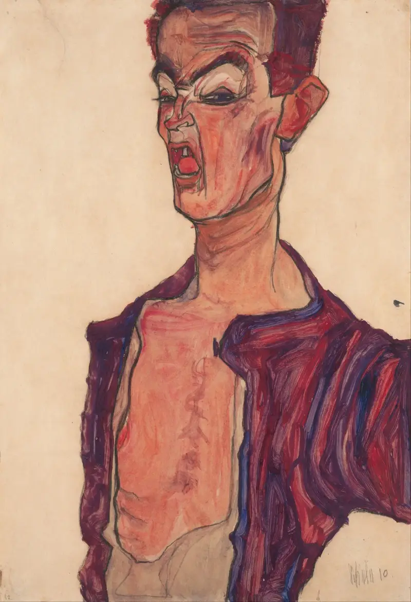 Autoportrét, šklebení, Egon Schiele