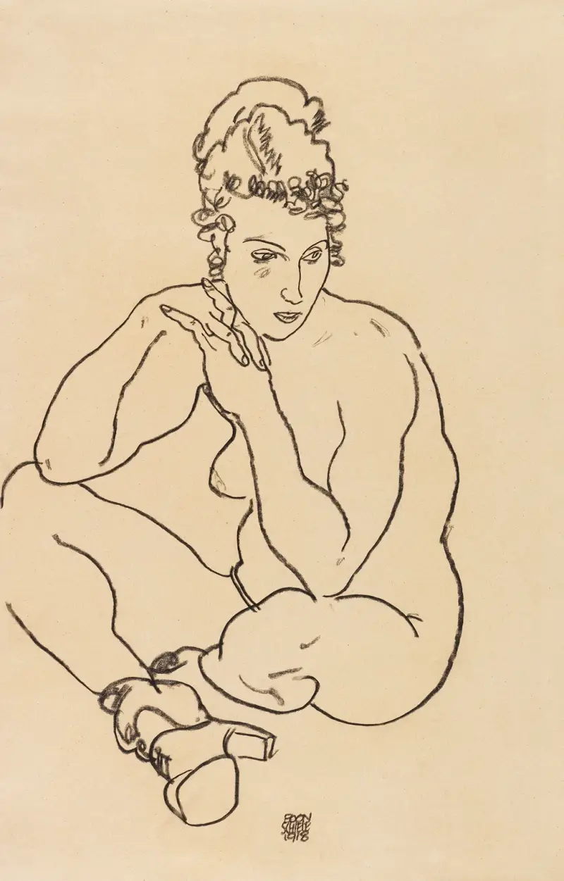 Sitzender weiblicher Akt, die Arme auf die Knie gestützt, die Beine verschränkt av Egon Schiele