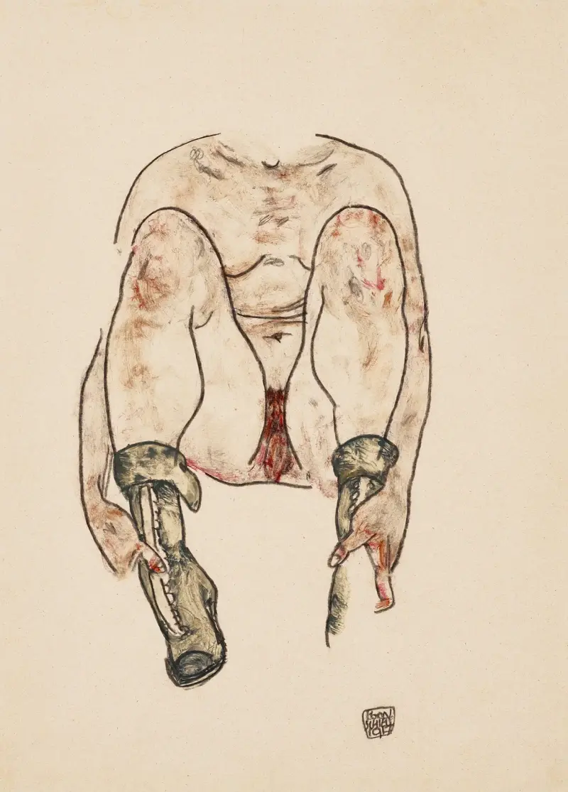 Sitzender weiblicher Akt mit grünen Stiefeln (Torso) av Egon Schiele