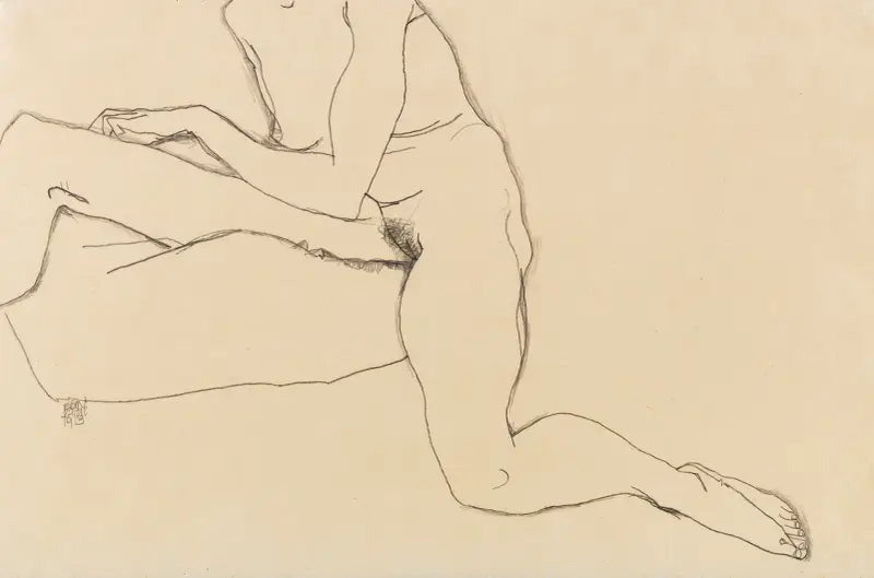 Sitzendes Mädchen mit ausgestrecktem Arm und Bein av Egon Schiele