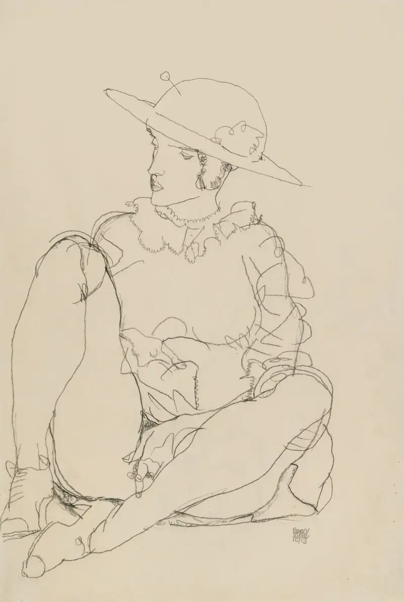 Sitzendes Mädchen mit Hut, onanierend (Seated Girl with Hat Masturbating) av Egon Schiele