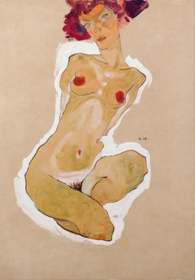 Squatting Female Nude av Egon Schiele