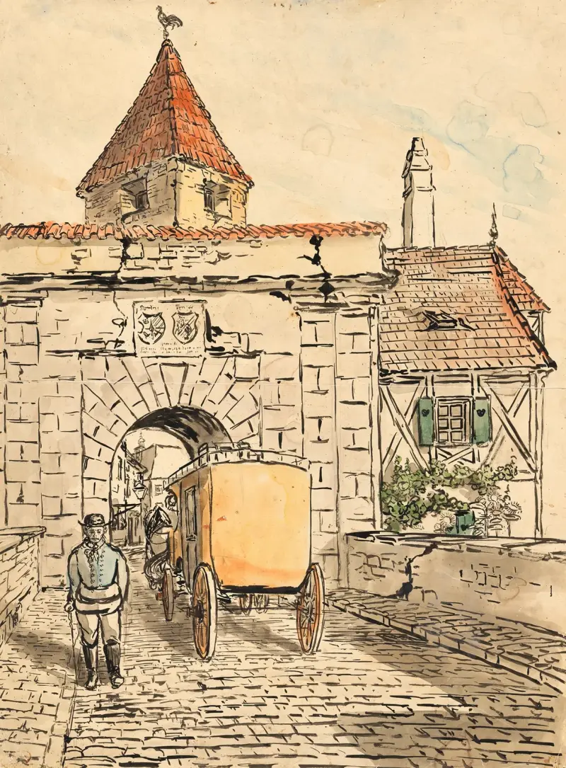 Městská brána s kočárem (studentská práce), Egon Schiele