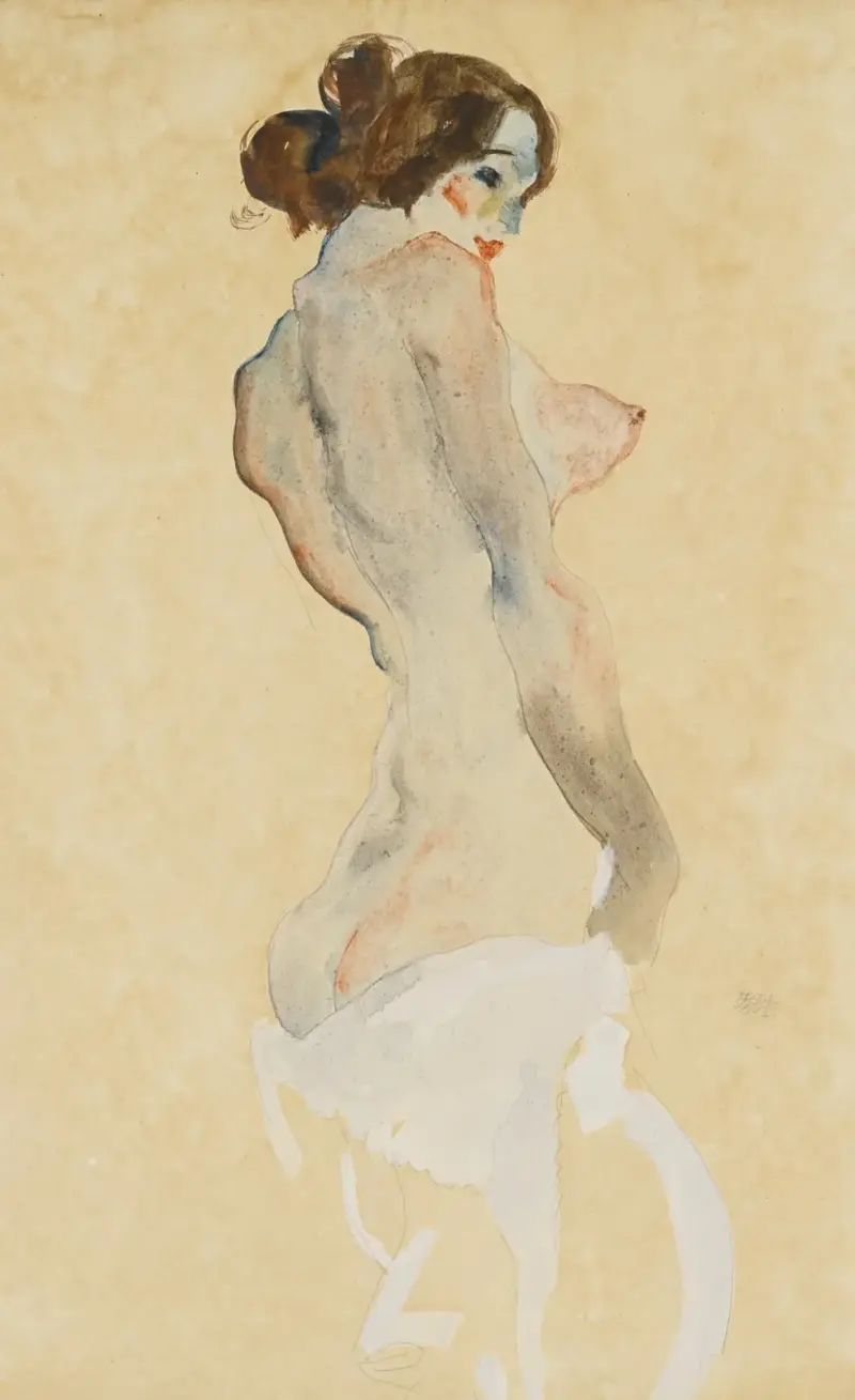 Stehender Akt mit weissen Tuch (Standing nude with white drapery) av Egon Schiele