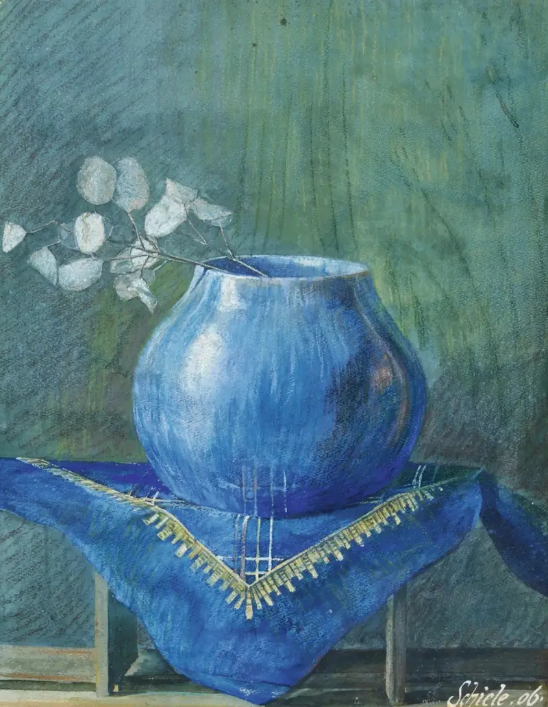 Still Life of a Moneyplant Branch in Blue Vase av Egon Schiele