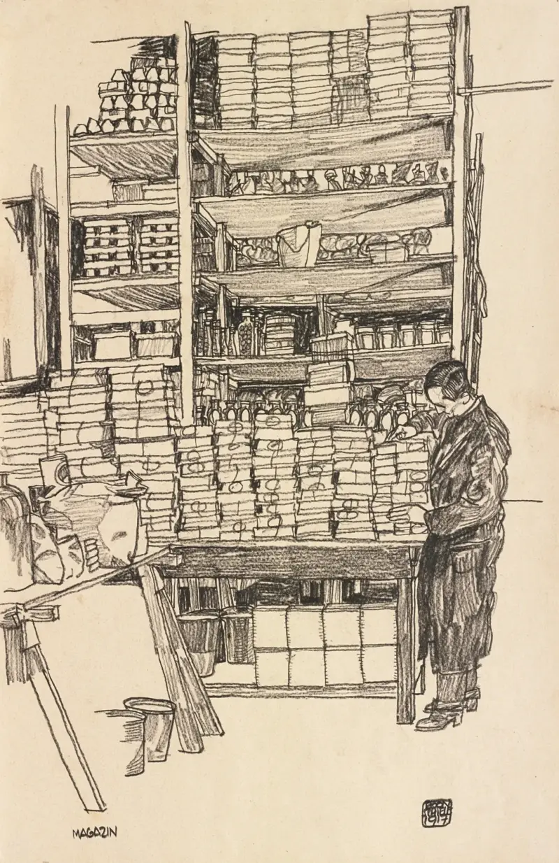 Supply Depot; Storeroom with Civilian Worker in Vienna, Schottenfeldgasse) av Egon Schiele
