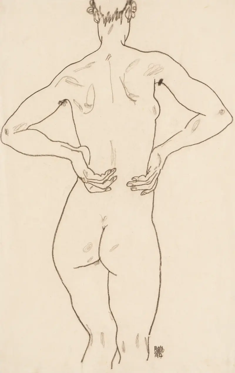 Weiblicher Rückenakt, die Hände auf der Hüfte av Egon Schiele